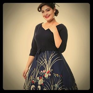 50s Vintage Floral Swan A-line V-neck Swing Dress